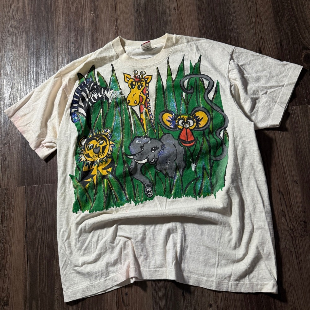 Vintage 90s Hand painted Noahs Ark‎ Animals Graphic T Shirt XL USA Made